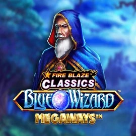 Official Slots logo: Fire Blaze Blue Wizard Megaways by Rarestone Gaming at Glorious Bingo